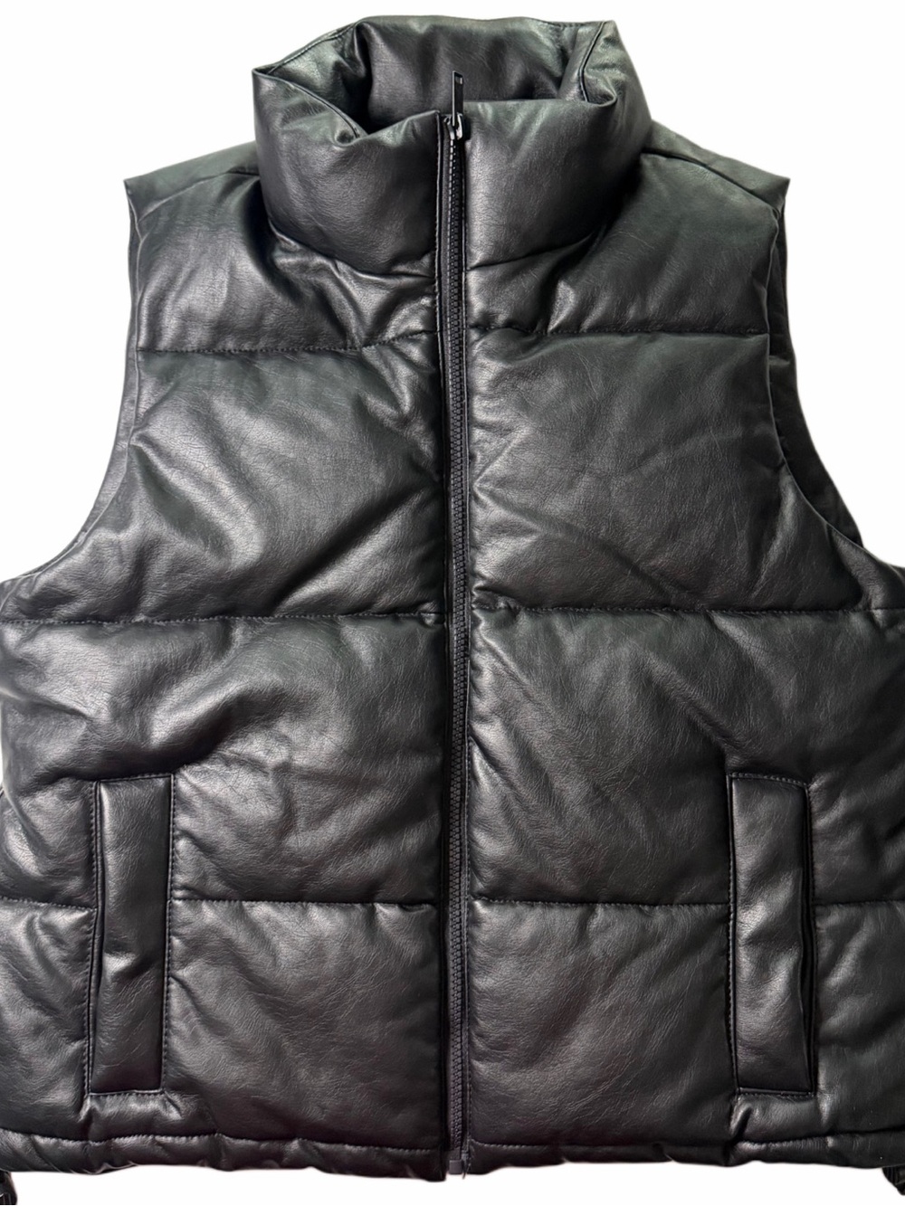 Hollister Black Faux Leather Puffer Vest Women’s S Zip Front Sleeveless Jacket